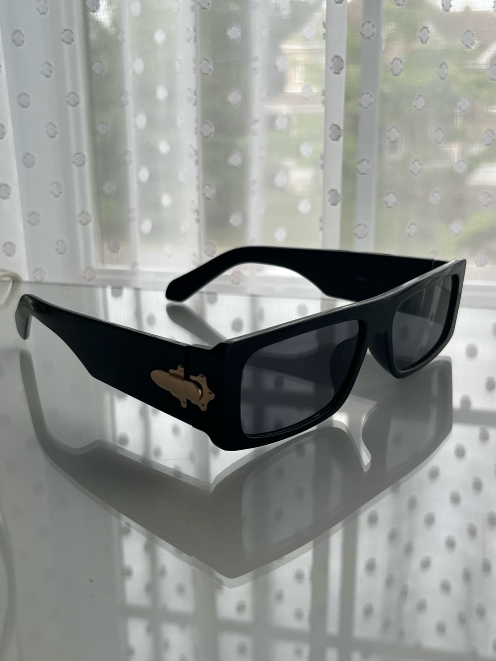 Black Women's Rectangular Sunglasses with Gold Accent